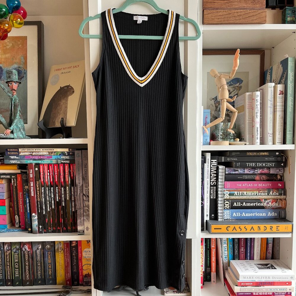 Socialite black ribbed knit varsity striped V neck tank dress
